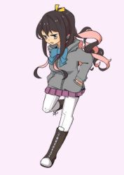 Rule 34 | 10s, 1girl, alternate costume, black hair, blue bow, boots, bow, brown eyes, fang, front-seamed legwear, hair ribbon, hands in pockets, hood, hoodie, kantai collection, long hair, looking at viewer, macbail, multicolored hair, naganami (kancolle), open mouth, pantyhose, pink hair, purple background, ribbon, seamed legwear, sidelocks, skirt, solo, two-tone hair, wavy hair, white pantyhose, yellow theme