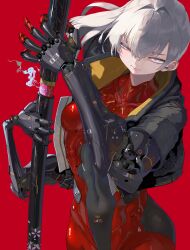 1girl absurdres breasts cropped_jacket cyborg highres jacket joints katana medium_breasts navel open_clothes open_jacket original pink_eyes red_background robot_joints science_fiction sheath solo sword uneven_eyes unsheathing weapon white_hair wind wind_lift yunimaru