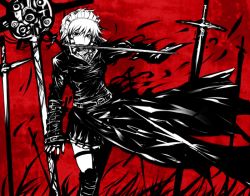 Rule 34 | 1girl, bad id, bad pixiv id, female focus, goth fashion, high contrast, izayoi sakuya, monochrome, mouth hold, red background, red theme, solo, soubi, sword, touhou, weapon