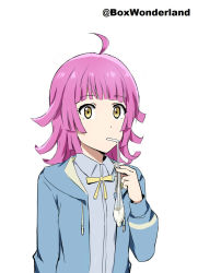 Rule 34 | 1girl, ahoge, blue jacket, blunt bangs, blunt ends, bow, bowtie, box wonderland, commentary, condom, cum, dot nose, drinking from condom, drinking straw, expressionless, eyes visible through hair, gokkun, hand up, highres, holding, holding condom, hood, hooded jacket, jacket, long sleeves, looking at viewer, love live!, love live! nijigasaki high school idol club, pink hair, shirt, short hair, simple background, solo, tennoji rina, twitter username, upper body, used condom, white background, white shirt, wing collar, yellow bow, yellow bowtie, yellow eyes