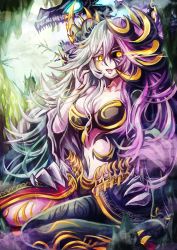 Rule 34 | 1girl, black sclera, breasts, colored sclera, curly hair, dashinoya, dragon, facial mark, fog, glowing, glowing eyes, hel (p&amp;d), horns, light rays, long hair, medium breasts, multicolored hair, navel, open mouth, purple hair, puzzle &amp; dragons, sitting, skeleton, solo, sunbeam, sunlight, tattoo, two-tone hair, very long hair, waist cape, wariza, white hair, yellow eyes