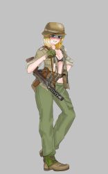 Rule 34 | 1girl, absurdres, ankle boots, black bra, blonde hair, blue eyes, blush, boots, bra, breasts, brown footwear, brown headwear, brown shirt, carrying, cleavage, clenched hand, commentary, cross-laced footwear, english commentary, frown, full body, german army, glaring, gloves, green gloves, green pants, grey background, grimace, gun, hand on own hip, harness, heel up, helmet, highres, long sleeves, looking at viewer, machine gun, medium breasts, medium hair, mp18, mp28, open clothes, open shirt, original, pants, shirt, simple background, sleeves rolled up, solo, standing, steam, submachine gun, underwear, weapon, world war ii, yellow chease