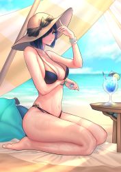 Rule 34 | 1girl, asymmetrical hair, bangle, bare arms, barefoot, beach, bikini, black bow, blue hair, bob cut, bow, bracelet, breast hold, breasts, brown hat, cloud, collarbone, dark blue hair, day, diagonal bangs, dice, drink, from side, genshin impact, glass, green eyes, hair over one eye, hand on headwear, hat, highres, holding dice, jewelry, large breasts, lips, looking at viewer, mole, mole on breast, navel, ocean, outdoors, palmette, parted lips, seiza, sitting, sky, solo, stomach, summer, sun hat, swimsuit, table, two-tone bikini, wet, yelan (genshin impact)