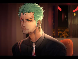 Rule 34 | 1boy, alternate costume, black eyes, black shirt, blood, blood on clothes, blood on face, closed mouth, commentary, earrings, english commentary, green hair, hereynd, highres, injury, jewelry, letterboxed, male focus, necktie, one piece, roronoa zoro, shirt, short hair, single earring, solo, torn clothes, white necktie