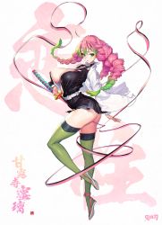 Rule 34 | 1girl, arched back, arm rest, ass, bare hips, belt, between legs, blush, breasts, cleavage, collared shirt, curvy, dress, earrings, green eyes, green hair, green thighhighs, twirling hair, halterneck, hand on own chest, highres, jacket, jewelry, kanroji mitsuri, kimetsu no yaiba, large breasts, leg up, looking at viewer, miniskirt, mole, mole under eye, navel, nervous, parted lips, pink hair, punc p, ribbon, sandals, shiny skin, shirt, short dress, sideboob, skin tight, skindentation, skirt, spinning, sword, thighhighs, twintails, underboob, weapon
