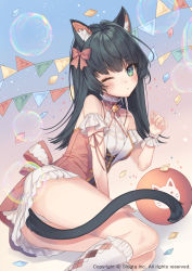 Rule 34 | 1girl, animal ear fluff, animal ears, argyle, argyle clothes, argyle legwear, bad id, bad pixiv id, ball, bare shoulders, bell, black hair, blush, bow, brown bow, bubble, cat ears, cat girl, cat tail, character request, closed mouth, collarbone, commentary, confetti, copyright notice, fingernails, frilled skirt, frilled socks, frills, green eyes, hair bow, hand up, jingle bell, kneehighs, laurelfalcon, long hair, official art, one eye closed, panties, pennant, ribbon trim, shirt, sid story, skirt, sleeveless, sleeveless shirt, socks, solo, string of flags, tail, underwear, white panties, white shirt, white skirt, white socks, wrist cuffs