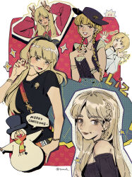 Rule 34 | 1girl, animification, black shirt, blonde hair, blue eyes, bracelet, braid, brown eyes, character name, chestnut, chinese commentary, detached sleeves, heart, highres, ive (group), jewelry, k-pop, liz (ive), mi tang, multiple views, open mouth, parted bangs, real life, red nails, ring, shirt, smile, snowman costume, sparkle, star (symbol), strapless, strapless shirt, surprised, twin braids, twitter username