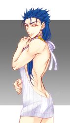 Rule 34 | 1boy, ass, bad id, bad pixiv id, blue hair, butt crack, closed mouth, cowboy shot, crossdressing, cu chulainn (fate), earrings, fate/stay night, fate (series), from side, grey background, hair between eyes, hair ornament, hair over shoulder, hair scrunchie, jewelry, cu chulainn (fate/stay night), long hair, looking at viewer, male focus, meme attire, naked sweater, ponytail, red eyes, redrabbit44, ribbon, ring, scrunchie, solo, sweater, virgin killer sweater, white background, white ribbon, white sweater, yellow scrunchie