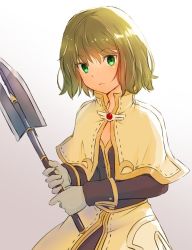 Rule 34 | 1girl, acolyte (ragnarok online), blonde hair, brown shirt, capelet, closed mouth, flat chest, gloves, green eyes, grey gloves, holding, holding weapon, long sleeves, looking at viewer, mace, natsuya (kuttuki), ragnarok masters, ragnarok online, shirt, short hair, simple background, skirt, solo, upper body, weapon, white background, white capelet, white skirt