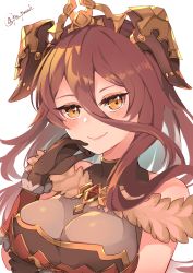 Rule 34 | 1girl, absurdres, bare shoulders, closed mouth, dragalia lost, gloves, hair ornament, hand on own face, highres, jewelry, long hair, looking at viewer, mym (dragalia lost), po pooch, red eyes, red hair, smile
