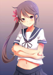 Rule 34 | 10s, 1girl, akebono (kancolle), bad id, bad pixiv id, bell, blue skirt, blush, crop top, crop top overhang, crossed arms, flower, gradient background, hair bell, hair flower, hair ornament, jingle bell, kantai collection, looking at viewer, midriff, navel, neckerchief, pleated skirt, purple eyes, purple hair, sailor collar, school uniform, serafuku, side ponytail, skirt, smile, solo, tai (nazutai), upper body