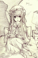 Rule 34 | 1girl, arm at side, bed, bow, character name, crescent, crescent hair ornament, crescent moon, dated, hair ornament, hair ribbon, hat, hatching (texture), hatchshading, i-la, lamp, legs folded, light, linear hatching, long hair, looking at viewer, mary janes, monochrome, moon, nightstand, on bed, pajamas, patchouli knowledge, pillow, reading, ribbon, shadow, footwear bow, shoes, sidelocks, sitting, solo, star (symbol), touhou, traditional media, translated, turning page, very long hair, yokozuwari