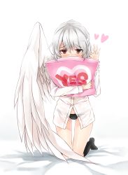Rule 34 | 1girl, black legwear, black panties, blush, commentary request, fuente, heart, highres, kishin sagume, kneeling, looking at viewer, no pants, hugging object, ok sign, one-hour drawing challenge, panties, pillow, pillow hug, red eyes, single wing, solo, touhou, underwear, white hair, wings, yes, yes-no pillow