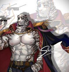 Rule 34 | 1boy, abs, animal ears, arknights, bara, belt, chest tuft, coat, coat on shoulders, cowboy shot, epaulettes, furry, furry male, highres, large pectorals, looking to the side, male focus, merchandise available, mountain (arknights), muscular, muscular male, navel, nipples, pectorals, pirate, scar, scar across eye, shio0610204, short hair, solo, strongman waist, sunglasses, thick eyebrows, tiger boy, tiger ears, white hair, zoom layer