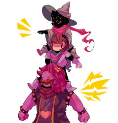 Rule 34 | 1girl, :/, anger vein, armlet, bad id, bad tumblr id, bracelet, brown hair, capelet, carrying, clenched hand, colored skin, deltarune, gloves, hair over eyes, hat, highres, jewelry, kris (deltarune), nuggetu, open mouth, piggyback, pink scarf, pink skin, pointing, ralsei, scarf, sharp teeth, spiked armlet, spiked bracelet, spikes, standing, susie (deltarune), teeth, white background, wide sleeves, wizard hat, yellow teeth