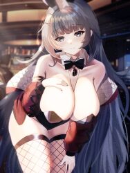 Rule 34 | 1girl, animal ears, azur lane, black leotard, blurry, blurry background, breasts, cleavage, commission, detached collar, fake animal ears, fishnet thighhighs, fishnets, grey hair, hand on own chest, hanging breasts, highres, huge breasts, jacket, leaning forward, leotard, long hair, long sleeves, padded jacket, pixiv commission, playboy bunny, rabbit ears, solo, tako-san wiener (takosanuma), thighhighs, very long hair, vittorio veneto (azur lane)