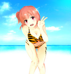 Rule 34 | 10s, 1girl, avan kaiser, beach, bikini, blue sky, blush, breasts, character name, cleavage, cloud, day, gluteal fold, hand on own knee, highres, knees together feet apart, large breasts, leaning forward, navel, ocean, open mouth, orange hair, outdoors, red eyes, short hair, side ponytail, sky, solo, swimsuit, teeth, tiger stripes, v, yahari ore no seishun lovecome wa machigatteiru., yuigahama yui