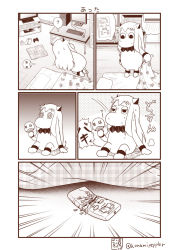 Rule 34 | (o) (o), 10s, 1girl, 3koma, ?, air conditioner, all fours, breaking, broken, comic, computer, controller, cushion, desk, dress, emphasis lines, futon, game controller, half-closed eyes, hand fan, highres, horns, hot, kantai collection, keyboard (computer), mittens, monitor, monochrome, moomin, moomintroll, mouse (computer), muppo, northern ocean princess, paper fan, remote control, sazanami konami, sitting, sleeveless, sleeveless dress, solo, spoken object, spoken question mark, sweat, tail, television, twitter username, uchiwa, zabuton