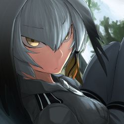 Rule 34 | 10s, 1girl, :/, black hair, breast pocket, closed mouth, collared shirt, commentary, day, from side, grey hair, grey legwear, grey necktie, grey shirt, grey shorts, hair between eyes, i-pan, kemono friends, long hair, looking at viewer, low ponytail, multicolored hair, necktie, orange hair, outdoors, pocket, shirt, shoebill (kemono friends), shorts, side ponytail, sitting, solo, yellow eyes