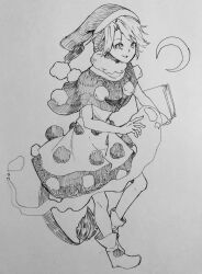 Rule 34 | 1girl, book, capelet, crescent moon, doremy sweet, dream soul, dress, greyscale, hat, highres, holding, holding book, kanaria (bocmn), looking at viewer, monochrome, moon, nightcap, one-hour drawing challenge, open mouth, shoes, short hair, simple background, sketch, solo, touhou, traditional media