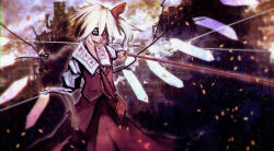 Rule 34 | 1girl, blonde hair, castle, closed mouth, collared shirt, commentary request, cowboy shot, crystal, denpa rasaito, expressionless, flandre scarlet, hair between eyes, hair ribbon, holding, holding sword, holding weapon, katana, long bangs, long hair, looking at viewer, necktie, no headwear, one side up, red eyes, red necktie, red ribbon, red skirt, red vest, ribbon, shirt, short sleeves, skirt, skirt set, solo, sword, touhou, vest, weapon, white shirt, wings