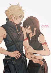 Rule 34 | 1boy, 1girl, apron, arm hug, arm ribbon, bad id, bad twitter id, bare shoulders, belt, black hair, blonde hair, bruise, cloud strife, couple, crop top, earrings, english text, final fantasy, final fantasy vii, final fantasy vii advent children, high collar, highres, holding another&#039;s arm, injury, jewelry, long hair, looking at viewer, maiii (smaii i), ribbon, ring, simple background, spiked hair, text focus, tifa lockhart, waist apron