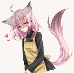 1boy, ahoge, akatsuki (ggsy7885), animal ear fluff, animal ears, apron, bangs, black sweater, closed mouth, eyebrows visible through hair, fox ears, fox tail, grey eyes, hair between eyes, hair strand, hands together, highres, long sleeves, looking at viewer, male focus, medium hair, messy hair, original, sidelocks, silver hair, solo, sweater, tail, trap, turtleneck, upper body, white background