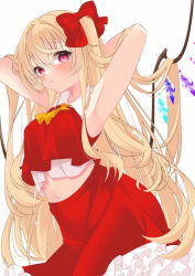 Rule 34 | 1girl, alternate hair length, alternate hairstyle, armpits, arms behind head, ascot, bow, commentary request, crystal, flandre scarlet, hair bow, long hair, looking at viewer, midriff, navel, red bow, red eyes, red shirt, red skirt, shirt, simple background, skirt, solo, tosakaoil, touhou, very long hair, white background, wings, yellow ascot
