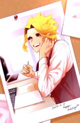 1boy all_might biru_(k22_t20) black_sclera black_vest blonde_hair blue_eyes blush boku_no_hero_academia bulletin_board colored_sclera computer_keyboard dated desk hand_up happy_birthday highres holding holding_pen jewelry male_focus monitor open_mouth paper paper_stack pen photo_(object) ring shirt short_hair smile solo teeth upper_teeth_only vest white_shirt yagi_toshinori