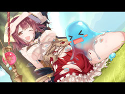 Rule 34 | &gt; &lt;, 1girl, atelier (series), atelier lydie &amp; suelle, atelier sophie, baakurou, blush stickers, brown eyes, covered erect nipples, frilled skirt, frills, groin, highres, holding, holding staff, injury, letterboxed, looking at viewer, medium hair, one eye closed, outdoors, red hair, sitting, skirt, slime (creature), slime (substance), sophie neuenmuller, staff, torn clothes, wariza