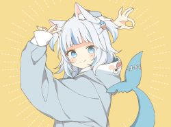 Rule 34 | 1girl, animal ear fluff, animal ears, animal hood, blue eyes, blue hair, blue hoodie, blush, cat ears, commentary, fins, fish tail, gawr gura, gawr gura (1st costume), goodbye sengen (vocaloid), green nails, hair ornament, hololive, hololive english, hood, hoodie, looking at viewer, multicolored hair, nail polish, ok sign, parody, shark hair ornament, shark hood, shark tail, short hair, short twintails, shouu-kun, simple background, smile, solo, streaked hair, tail, twintails, upper body, v, virtual youtuber, vocaloid, white hair, yellow background