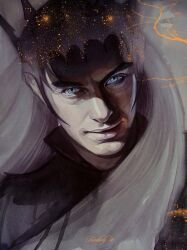 Rule 34 | 1boy, artist name, blue eyes, closed mouth, commentary, crown, deviantart logo, deviantart username, grey hair, grey theme, highres, kimberly80, light smile, lips, long hair, looking at viewer, male focus, melkor, portrait, realistic, red lightning, signature, solo, sparkle, the silmarillion, tolkien&#039;s legendarium, tolkien's legendarium, white hair
