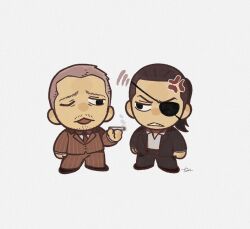 Rule 34 | 2boys, anger vein, annoyed, arms at sides, buzz cut, character request, chibi, cigarette, eye contact, facial hair, formal, frown, furrowed brow, highres, holding, holding cigarette, looking at another, majima goro, male focus, mature male, multiple boys, open mouth, ryuu ga gotoku (series), ryuu ga gotoku 0, sagawa tsukasa, short hair, stubble, suit, thick eyebrows, tonta (tonta1231), very short hair