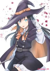 Rule 34 | 1girl, asashio (kancolle), belt, black belt, black cape, black dress, black hair, black hat, black thighhighs, blue eyes, blush, cape, collared shirt, dress, gloves, hat, highres, kantai collection, long hair, official alternate costume, open mouth, pinafore dress, shirt, simple background, sleeveless, sleeveless dress, smile, solo, thighhighs, tsukasa (tukasa br), twitter username, white background, white gloves, white shirt, witch hat