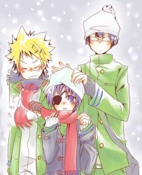 Rule 34 | 00s, 1girl, 2boys, beanie, blush, buttons, chrome dokuro, coat, cowboy shot, eyepatch, closed eyes, hat, height difference, joushima ken, kakimoto chikusa, katekyo hitman reborn!, long sleeves, looking at viewer, multiple boys, red scarf, scarf, snowing, spiked hair, wince, winter clothes, winter coat