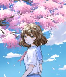 Rule 34 | 1girl, :o, absurdres, bizzarejeff, blue sailor collar, blue skirt, blue sky, blush, brown eyes, brown hair, cherry blossoms, cloud, hibike! euphonium, highres, kitauji high school uniform, looking at viewer, looking back, neckerchief, oumae kumiko, outdoors, parted lips, petals, pleated skirt, sailor collar, school uniform, serafuku, shirt, short hair, short sleeves, skirt, sky, solo, standing, tree, uniform, white shirt