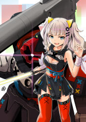 Rule 34 | 1girl, bazooka (gundam), black dress, blue eyes, breasts, cleavage, cleavage cutout, clothing cutout, crossover, dom tropen, dress, fusion, grey hair, gun, gundam, holding, holding gun, holding sword, holding weapon, ishiguchi juu, kaguya luna, looking at viewer, mecha, medium breasts, mobile suit, mobile suit gundam, one-eyed, pink eyes, red thighhighs, robot, smile, sword, the moon studio, thighhighs, v-shaped eyebrows, virtual youtuber, weapon