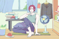 Rule 34 | 1boy, adjusting shirt, barefoot, book, book stack, cup, curtains, day, drinking glass, drinking straw, electric fan, feet, food, free!, fruit, indoors, knee up, looking at viewer, male focus, matsuoka rin, open mouth, red eyes, red hair, rug, sharp teeth, shelf, shirt, sitting, sora (bl190), stuffed animal, stuffed dolphin, stuffed toy, sweat, table, teeth, toes, trash can, watermelon, window