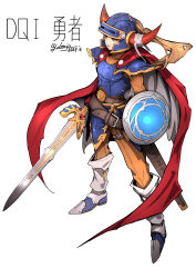 Rule 34 | 1boy, armor, belt, belt buckle, blue armor, blue helmet, bodysuit, boots, buckle, cape, collarbone, commentary request, dated, denjyou23, dragon quest, dragon quest i, fake horns, full body, helmet, hero (dq1), highres, holding, holding shield, holding sword, holding weapon, horned helmet, horns, knee boots, male focus, orange bodysuit, parted lips, red cape, shield, shoulder armor, simple background, solo, standing, sword, thigh belt, thigh strap, weapon, white background, white footwear