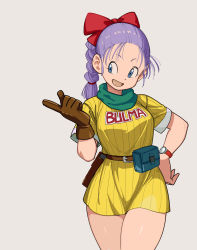 Rule 34 | 1girl, :d, absurdres, belt, blue eyes, bow, braid, breasts, brown belt, brown gloves, bulma, character name, commentary request, cowboy shot, dragon ball, dragon ball (classic), dress, facing viewer, gloves, hair bow, hand on own hip, highres, legs together, looking to the side, medium breasts, open mouth, pinstripe dress, pinstripe pattern, pointing, purple hair, purple ponytail, red bow, rokoido12, short dress, simple background, single glove, smile, solo, striped, thighs, watch, wristwatch, yellow dress