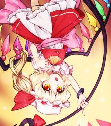 Rule 34 | 1girl, :o, ascot, blonde hair, bow, collared dress, commentary, crystal, dress, feet out of frame, flandre scarlet, frilled dress, frills, gradient background, hat, hat ribbon, highres, holding, laevatein (touhou), layered clothes, looking afar, medium hair, mob cap, one side up, open mouth, orange eyes, orusuta961, pink bow, red ribbon, red skirt, red vest, ribbon, signature, simple background, skirt, slit pupils, solo, touhou, upside-down, vest, waist bow, white dress, white hat, wings, yellow ascot