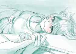 Rule 34 | 10s, 1girl, alternate costume, aqua theme, blush, breasts, commentary, fangs, hair between eyes, hair ribbon, hand on own stomach, highres, holding hands, jewelry, kantai collection, long hair, lying, monochrome, multiple monochrome, on back, open mouth, pillow, ribbon, ring, shirt, short sleeves, smile, solo, solo focus, t-shirt, teeth, tone (kancolle), twintails, upper body, wedding band, yami (m31)