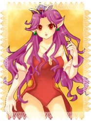 Rule 34 | 1girl, :o, angela (seiken densetsu 3), breasts, cleavage, cowboy shot, crown, dress, earrings, elbow gloves, framed, gloves, jewelry, leotard, long hair, mayuzumi, medium breasts, open mouth, purple hair, red dress, red eyes, red leotard, seiken densetsu, seiken densetsu 3, solo