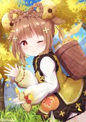 Rule 34 | 1girl, ;), basket, bell, blunt bangs, braid, brown eyes, brown hair, chinese clothes, commentary request, from side, genshin impact, grass, hair bell, hair ornament, highres, kneeling, long hair, looking at viewer, looking to the side, one eye closed, pouch, sidelocks, smile, solo, tree, tutsucha illust, twin braids, waving, yaoyao (genshin impact)
