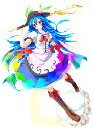Rule 34 | 1girl, bad id, bad pixiv id, blue hair, boots, cross-laced footwear, female focus, hat, hinanawi tenshi, keystone, lace-up boots, long hair, nironiro, red eyes, solo, sword, sword of hisou, touhou, very long hair, weapon