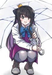Rule 34 | 1girl, aqua bow, aqua bowtie, black hair, boots, bow, bowtie, brown eyes, commentary request, cross-laced footwear, grey pantyhose, halterneck, kantai collection, lace-up boots, ld (luna dial398), long hair, looking at viewer, multicolored hair, naganami (kancolle), pantyhose, pink hair, school uniform, shirt, simple background, solo, squatting, two-tone hair, umbrella, wavy hair, white background, white shirt
