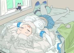 Rule 34 | 2girls, big hair, blanket, blue neckwear, blue skirt, character doll, closed eyes, commentary request, drooling, elbow gloves, gloves, highres, kemono friends, kemono friends 3, long hair, lying, midriff peek, multiple girls, navel, necktie, no shoes, on back, on bed, onomatopee, open mouth, pantyhose, plaid, plaid neckwear, plaid skirt, plaid trim, pleated skirt, shirt, short sleeves, silver fox (kemono friends), skirt, sleeping, t-shirt, undone necktie, unworn necktie, unworn neckwear, white gloves, white hair, white legwear, white lion (kemono friends), white shirt