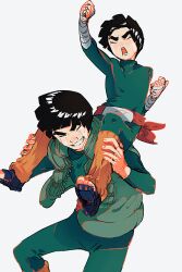Rule 34 | 2boys, arm up, bandaged arm, bandages, black hair, bodysuit, bowl cut, clenched hands, closed eyes, commentary, crying, eyelashes, feet out of frame, green bodysuit, green vest, grey background, highres, leg warmers, male focus, might guy, multiple boys, nakawo 777, naruto, naruto (series), open mouth, rock lee, sandals, short hair, simple background, sitting on shoulder, smile, symbol-only commentary, thick eyebrows, vest