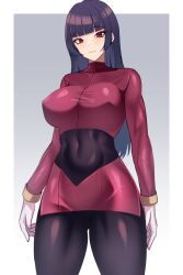Rule 34 | 1girl, alternate breast size, black hair, blunt bangs, bodystocking, border, breasts, closed mouth, commentary request, covered erect nipples, covered navel, creatures (company), eyelashes, game freak, gloves, grey background, highres, hime cut, jacket, large breasts, long hair, long sleeves, looking down, nintendo, pink jacket, pink skirt, pokemon, pokemon frlg, red eyes, sabrina (pokemon), skirt, solo, volyz, white border, white gloves