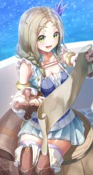 Rule 34 | 1girl, :d, atelier (series), atelier firis, atyao-299, barrel, blue skirt, blush, boots, braid, breasts, brown hair, cleavage, day, fingerless gloves, firis mistlud, gloves, green eyes, hair ornament, hair over shoulder, highres, holding, holding map, long hair, looking at viewer, map, medium breasts, open mouth, outdoors, pleated skirt, pointing, single braid, sitting, skirt, smile, solo, thighhighs